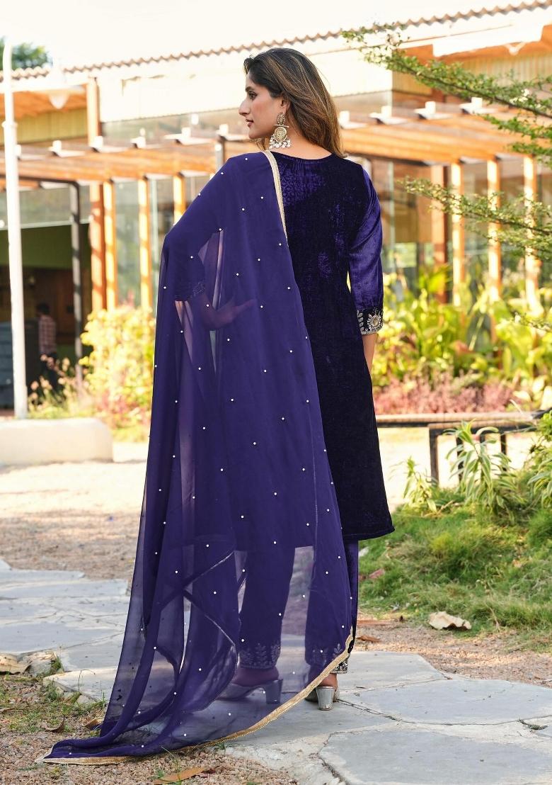 Blue Sequins Velvet Salwar Suit Set - Indya