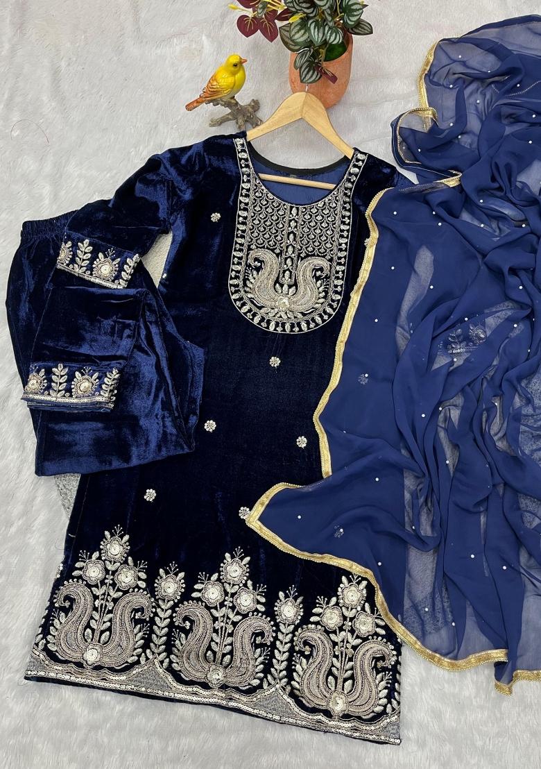 Blue Sequins Velvet Salwar Suit Set - Indya