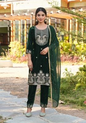 Green Sequins Velvet Salwar Suit Set