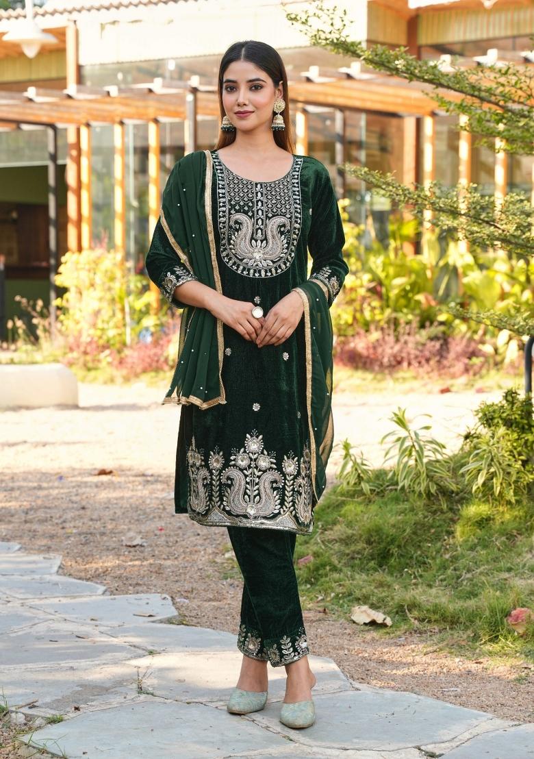 Green Sequins Velvet Salwar Suit Set - Indya
