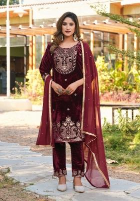 Wine Sequins Velvet Salwar Suit Set