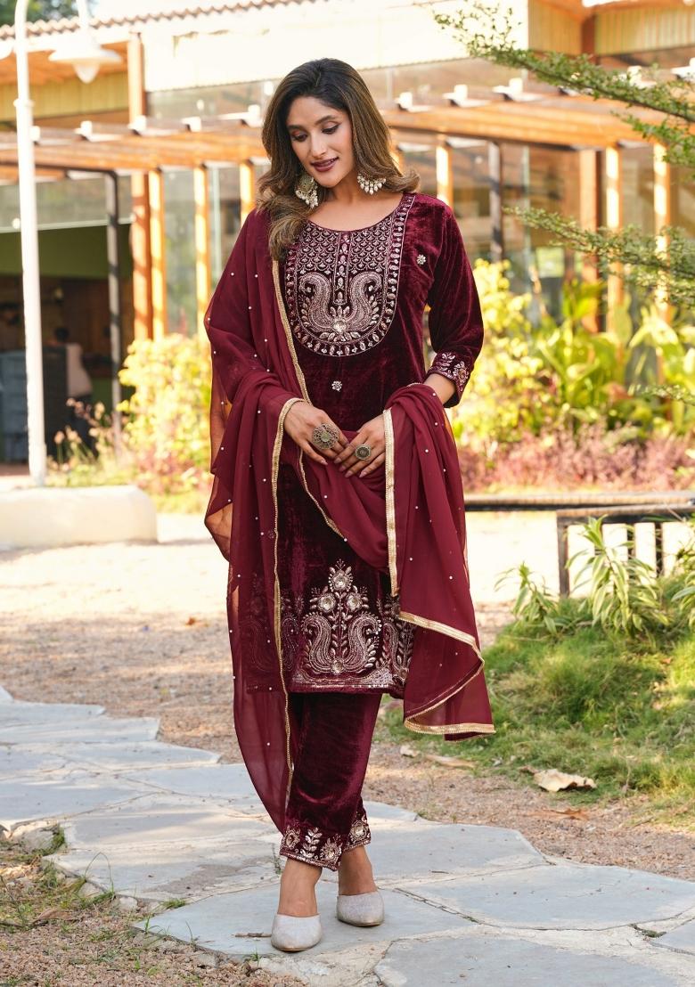 Wine Sequins Velvet Salwar Suit Set - Indya