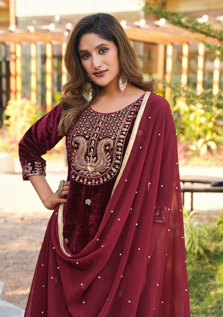 Wine Sequins Velvet Salwar Suit Set - Indya