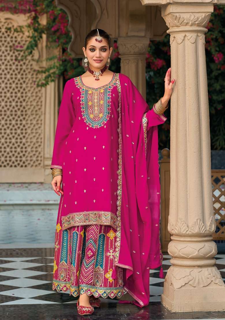 Pink Embroidery Chinon Palazzo Set - Indya