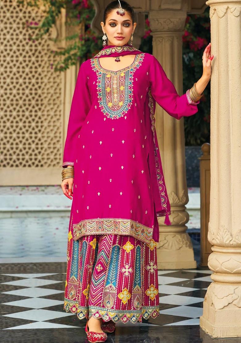 Pink Embroidery Chinon Palazzo Set - Indya