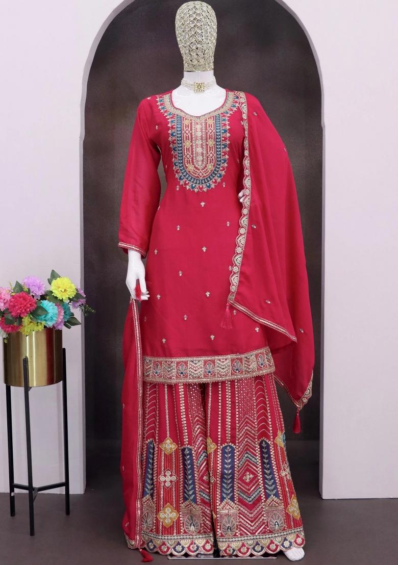Pink Embroidery Chinon Palazzo Set - Indya