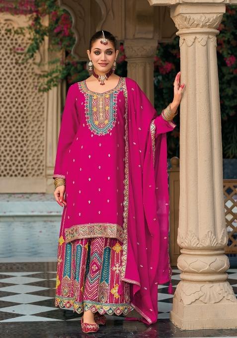 Pink Embroidery Chinon Palazzo Set