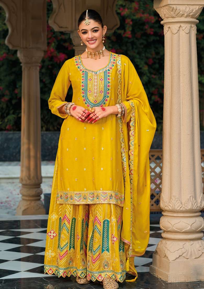Yellow Embroidery Chinon Palazzo Set - Indya