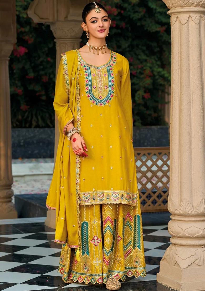 Yellow Embroidery Chinon Palazzo Set - Indya