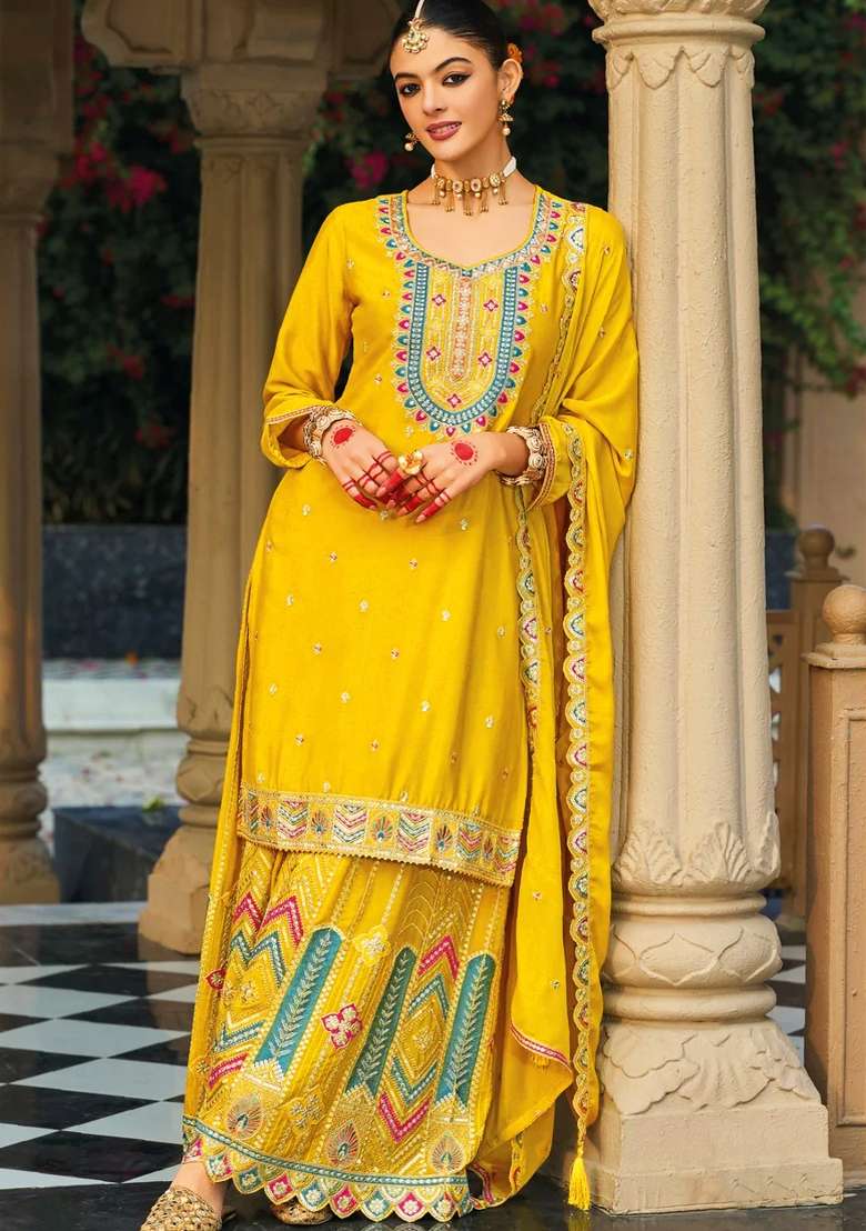 Yellow Embroidery Chinon Palazzo Set - Indya