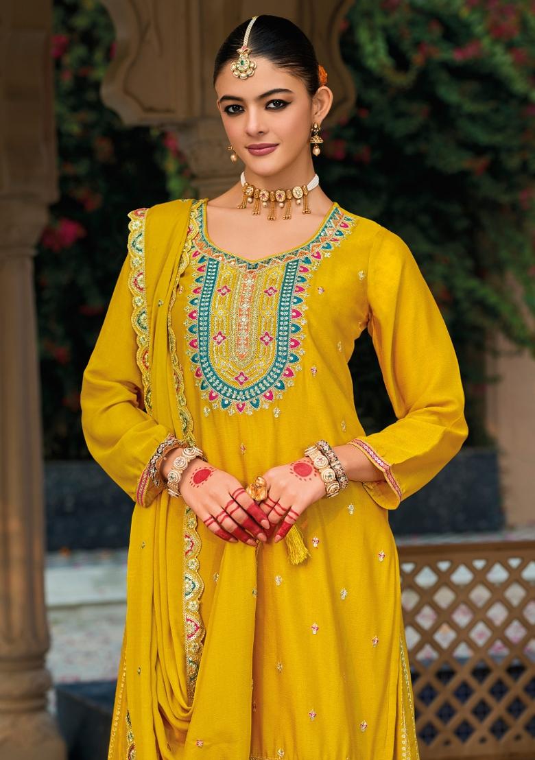 Yellow Embroidery Chinon Palazzo Set - Indya