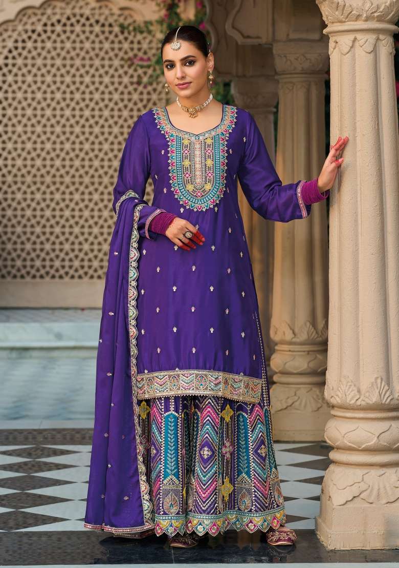 Purple Embroidery Chinon Palazzo Set - Indya