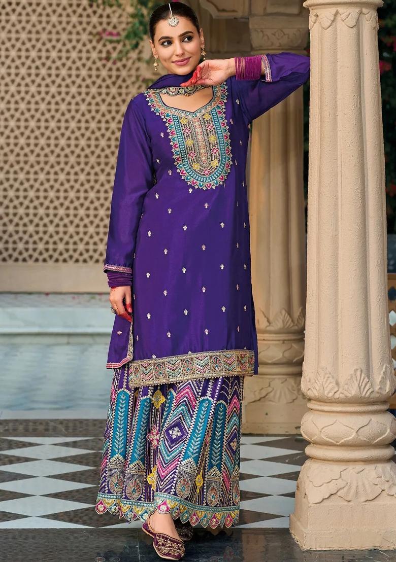 Purple Embroidery Chinon Palazzo Set - Indya