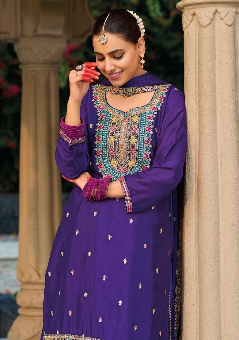 Purple Embroidery Chinon Palazzo Set - Indya