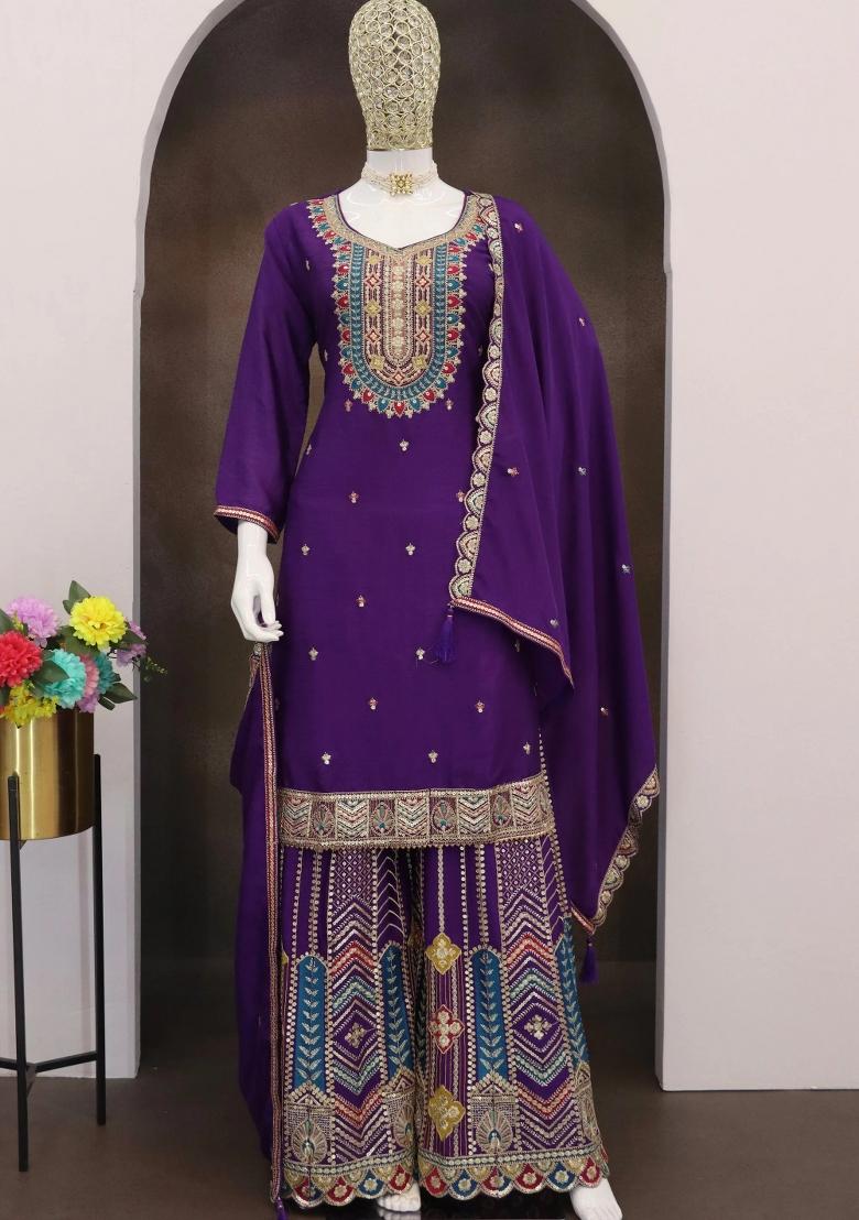 Purple Embroidery Chinon Palazzo Set - Indya