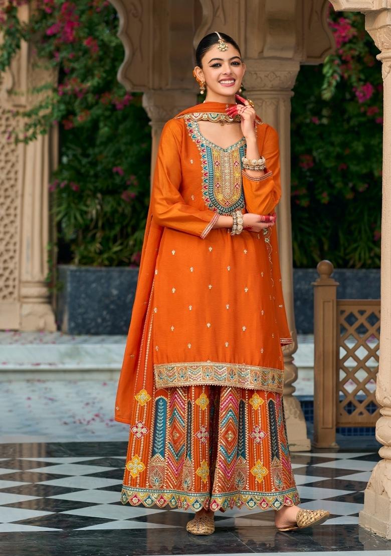 Orange Embroidery Chinon Palazzo Set - Indya