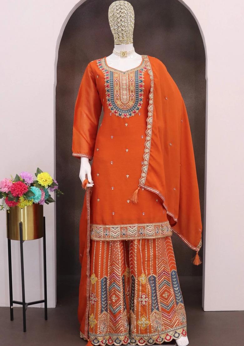 Orange Embroidery Chinon Palazzo Set - Indya