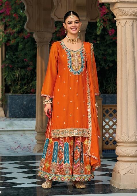 Orange Embroidery Chinon Palazzo Set