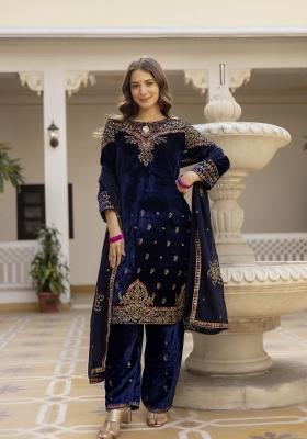 Navy Blue Embroidery Velvet Salwar Suit Set