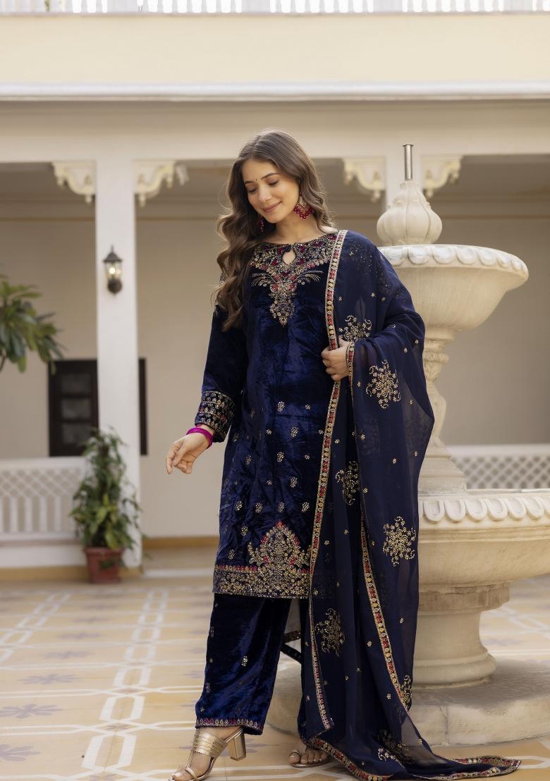 Navy Blue Embroidery Velvet Salwar Suit Set - Indya