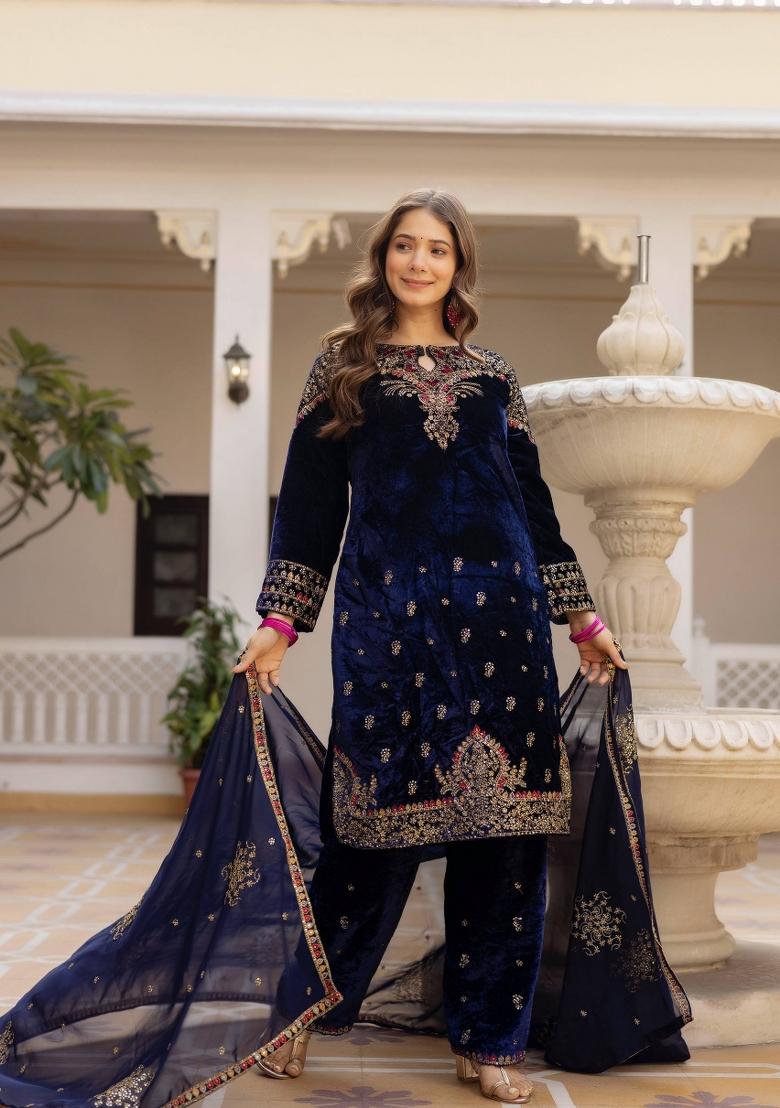Navy Blue Embroidery Velvet Salwar Suit Set - Indya