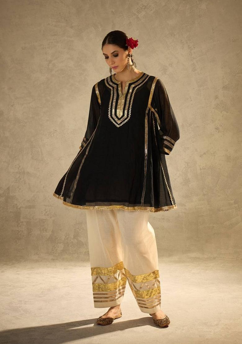 Black Gota Patti Chinon Co-Ord Set - Indya