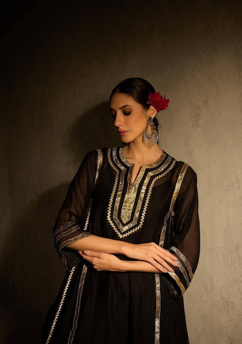 Black Gota Patti Chinon Co-Ord Set - Indya