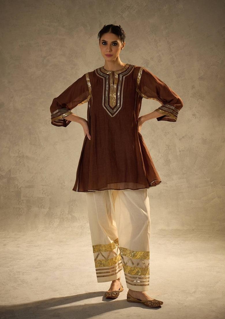 Brown Gota Patti Chinon Co-Ord Set - Indya