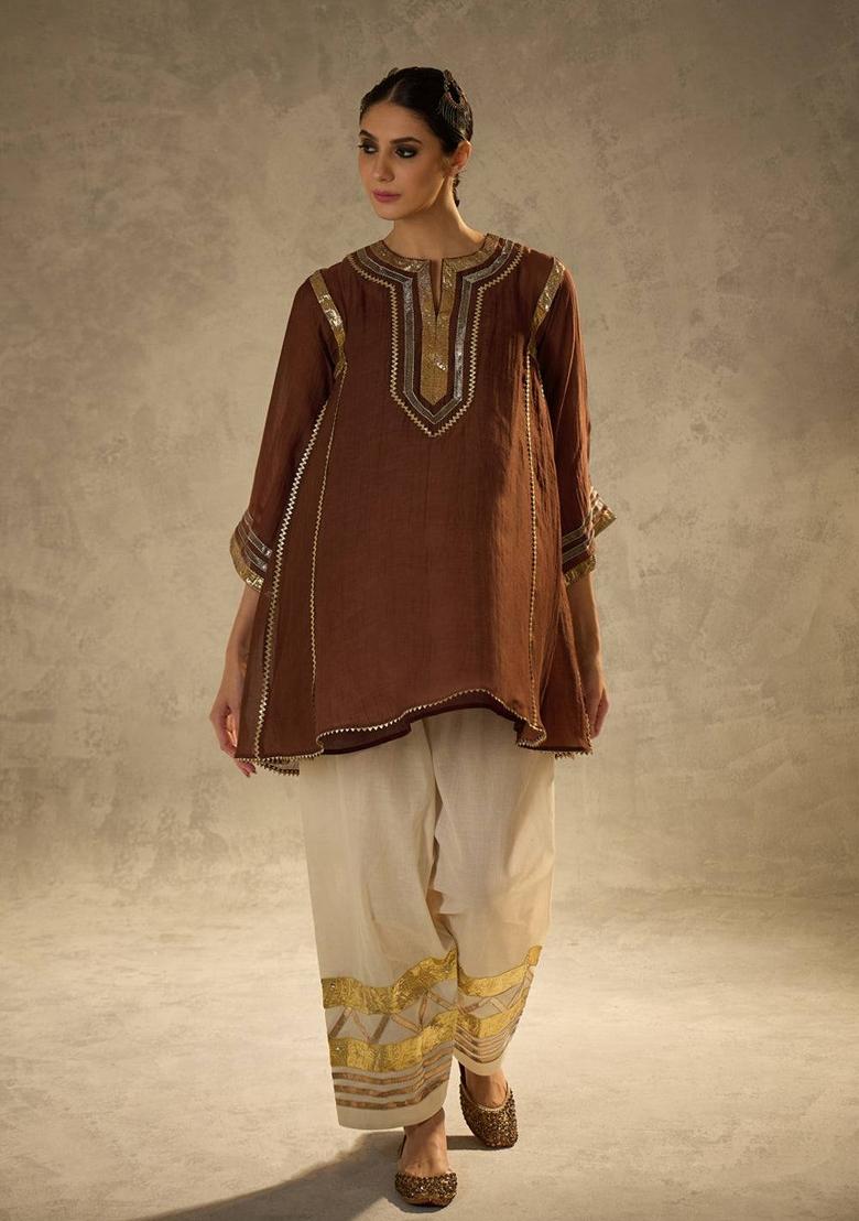 Brown Gota Patti Chinon Co-Ord Set - Indya