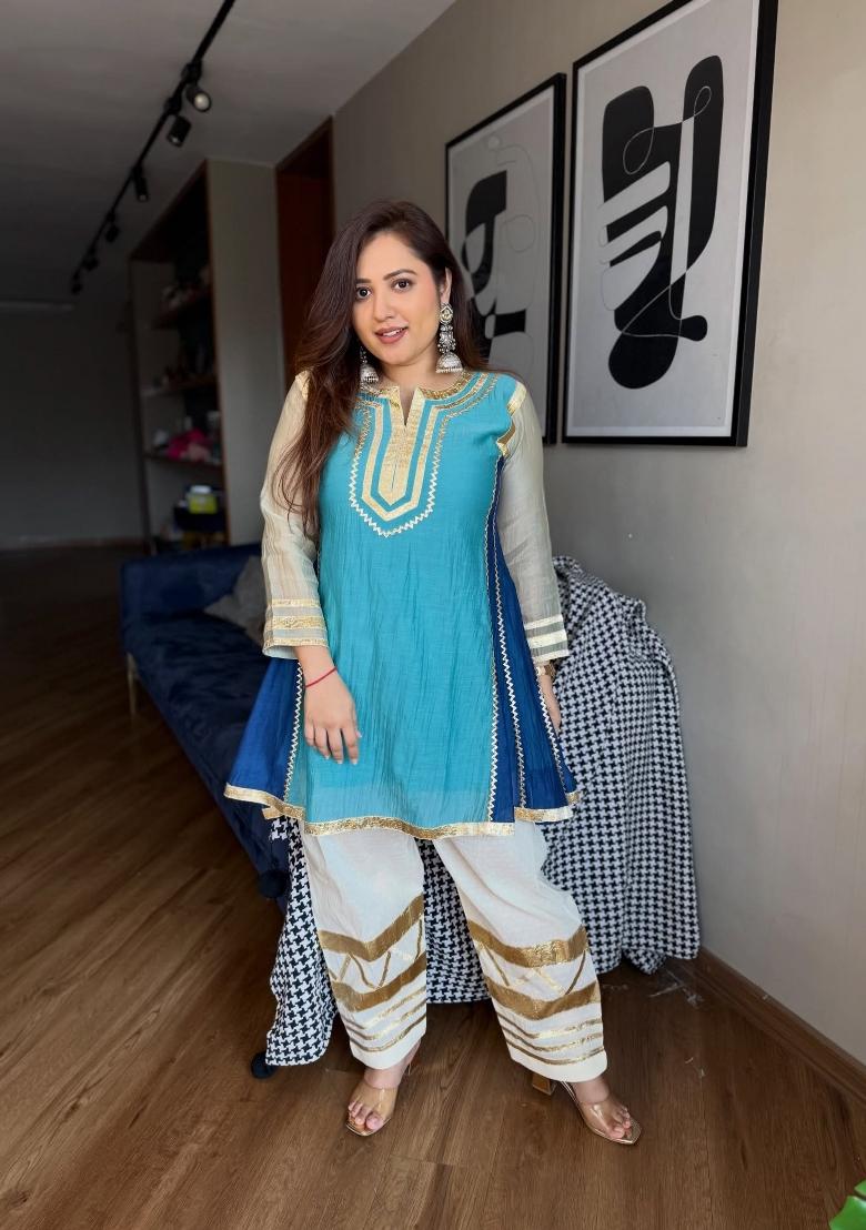 Sky Blue Gota Patti Chinon Co-Ord Set - Indya