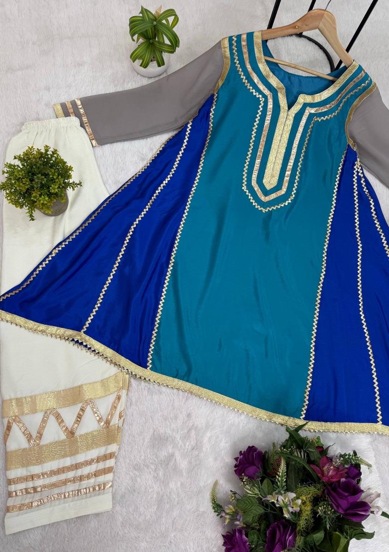 Sky Blue Gota Patti Chinon Co-Ord Set - Indya