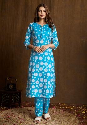 Sky Blue Printed Cotton Kurta Set