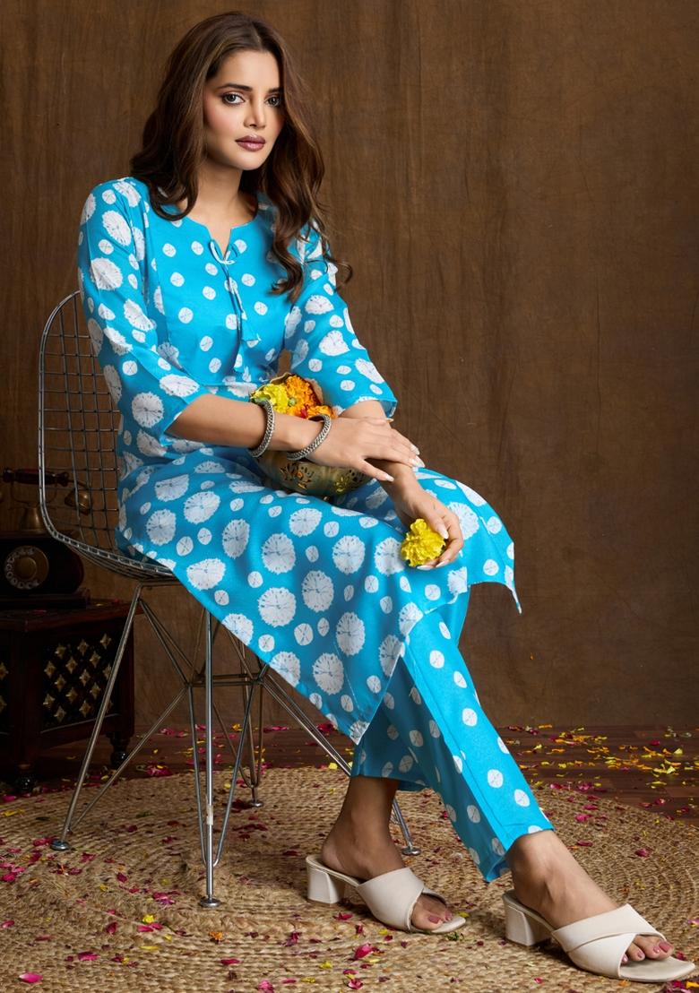 Sky Blue Printed Cotton Kurta Set - Indya