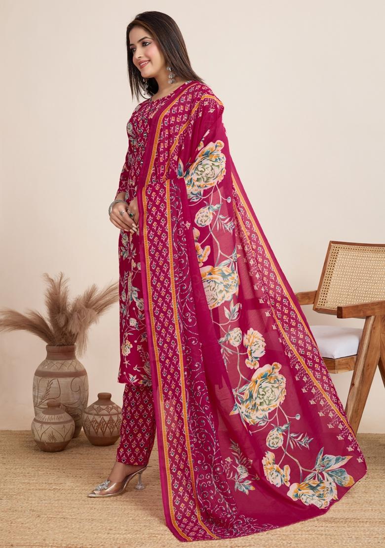 Pink Printed Cotton Kurta Set - Indya