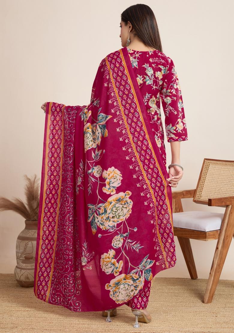 Pink Printed Cotton Kurta Set - Indya