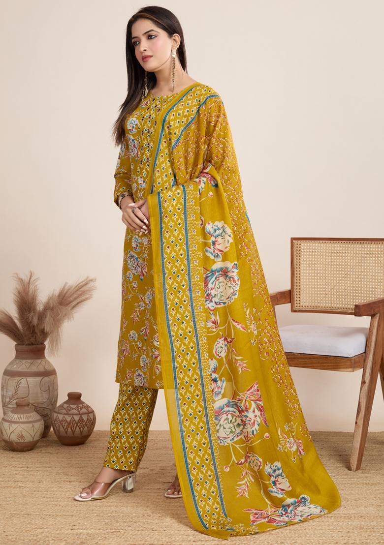Yellow Printed Cotton Kurta Set - Indya