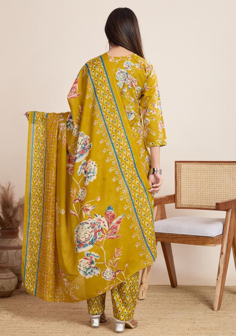 Yellow Printed Cotton Kurta Set - Indya