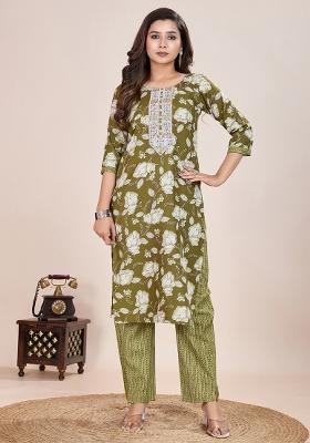 Mehendi Printed Cotton Kurta Set