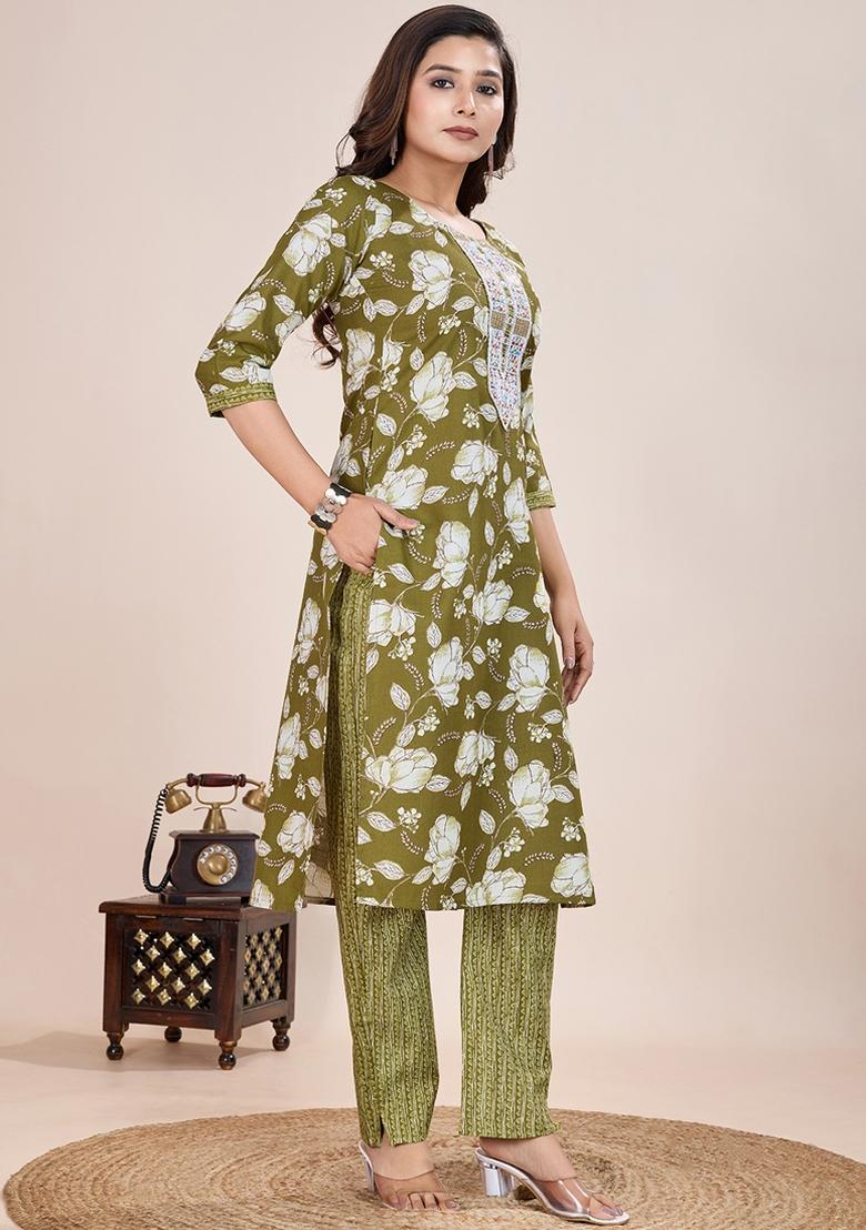 Mehendi Printed Cotton Kurta Set - Indya