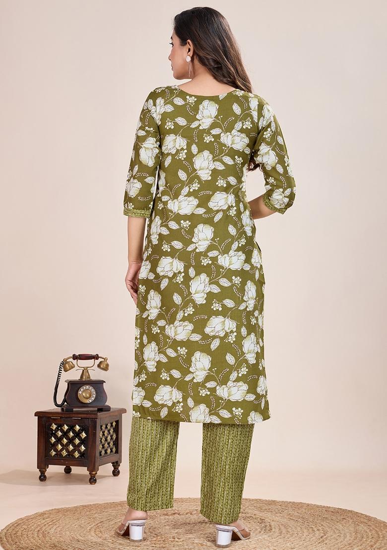 Mehendi Printed Cotton Kurta Set - Indya