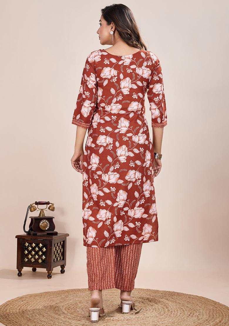 Orange Printed Cotton Kurta Set - Indya