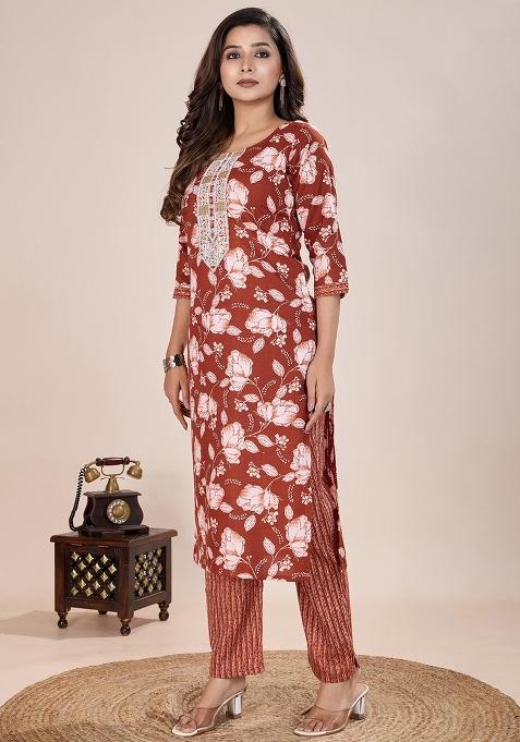 Orange Printed Cotton Kurta Set