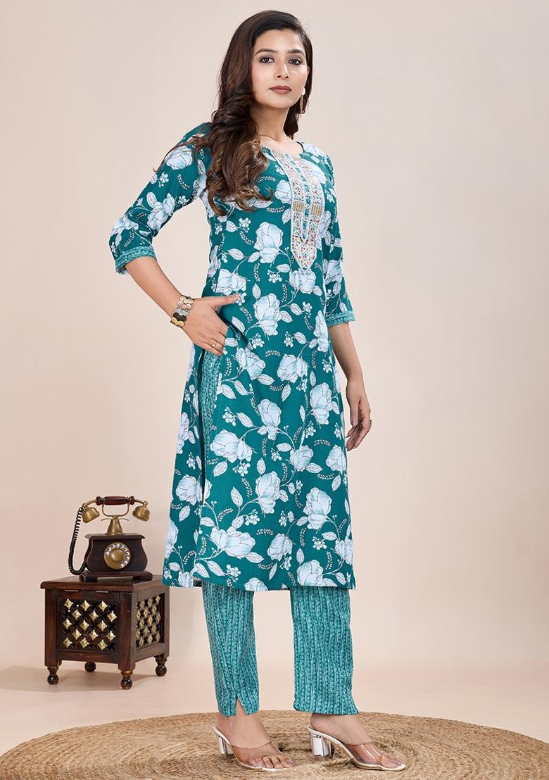 Turquoise Printed Cotton Kurta Set - Indya