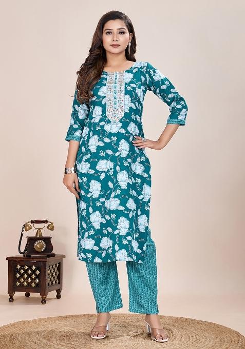 Turquoise Printed Cotton Kurta Set