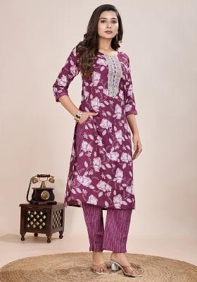 Wine Printed Cotton Kurta Set