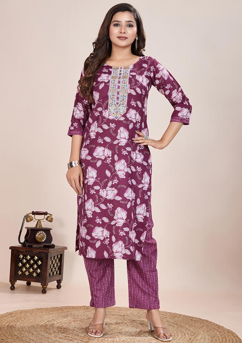 Wine Printed Cotton Kurta Set - Indya