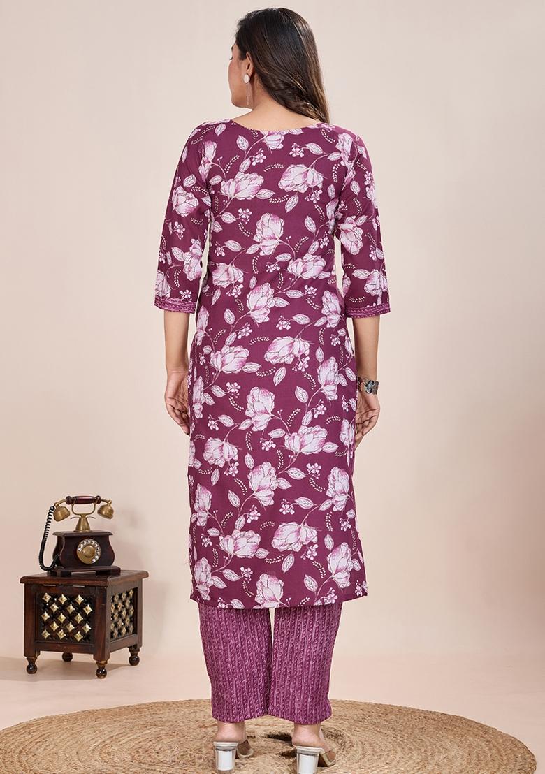 Wine Printed Cotton Kurta Set - Indya