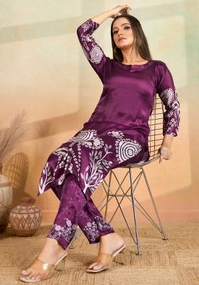 Purple Printed Rayon Kurta Set