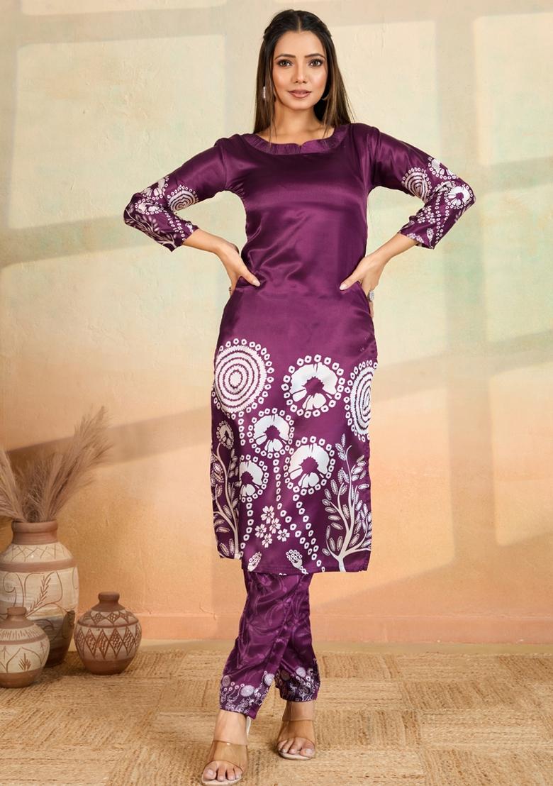 Purple Printed Rayon Kurta Set - Indya