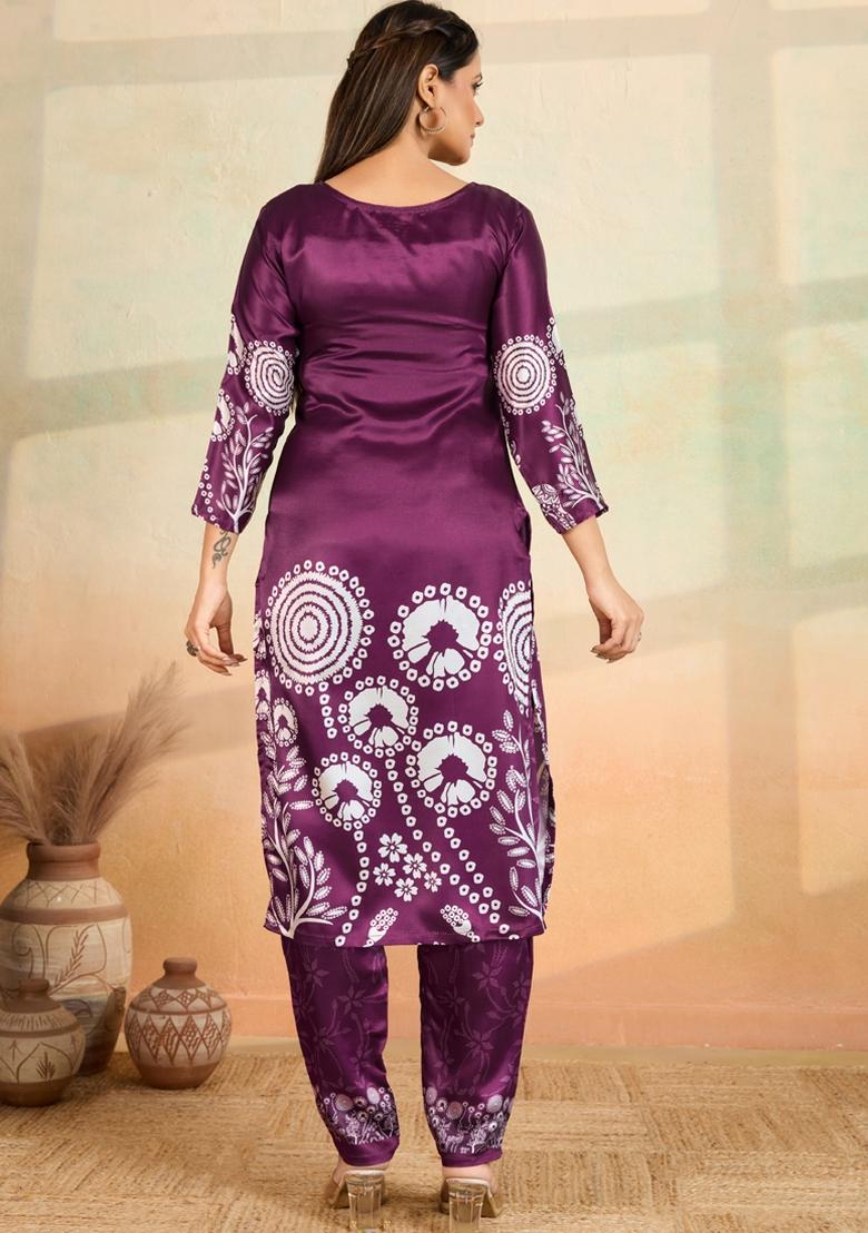 Purple Printed Rayon Kurta Set - Indya